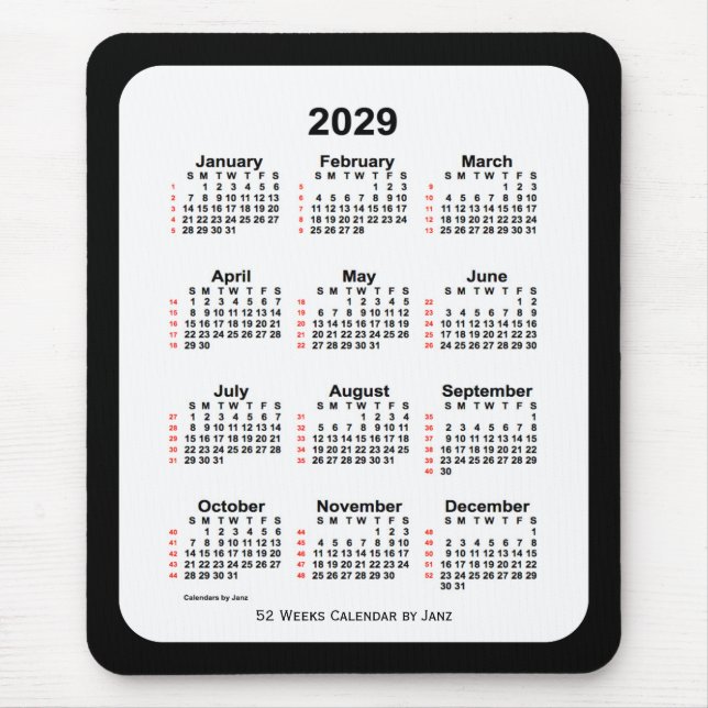 Tapis De Souris Calendrier de 52 semaines 2029 avec deux tons noir (Devant)