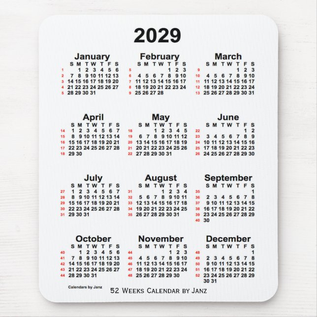 Tapis De Souris Calendrier de 52 semaines 2029 blanc par Janz (Devant)