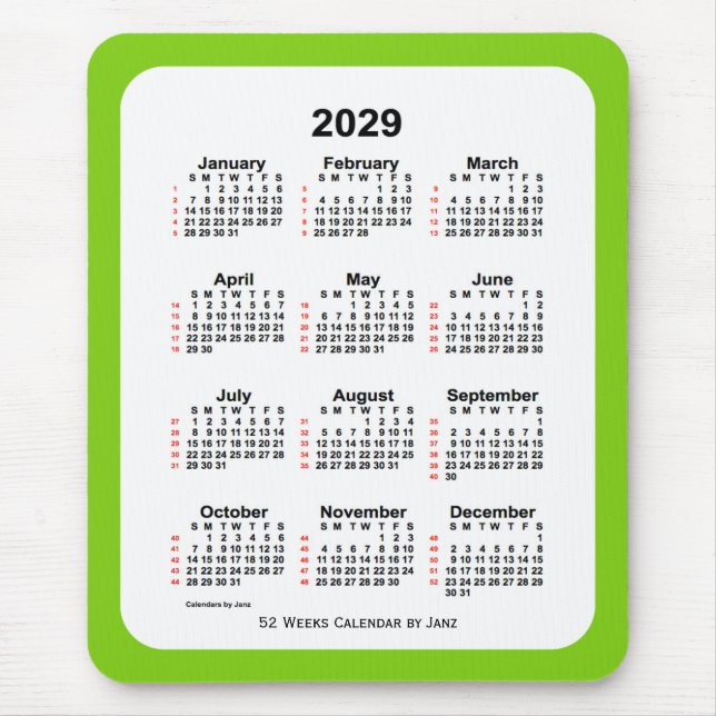 Tapis De Souris Calendrier de 52 semaines 2029 Jaune vert par Janz (Devant)