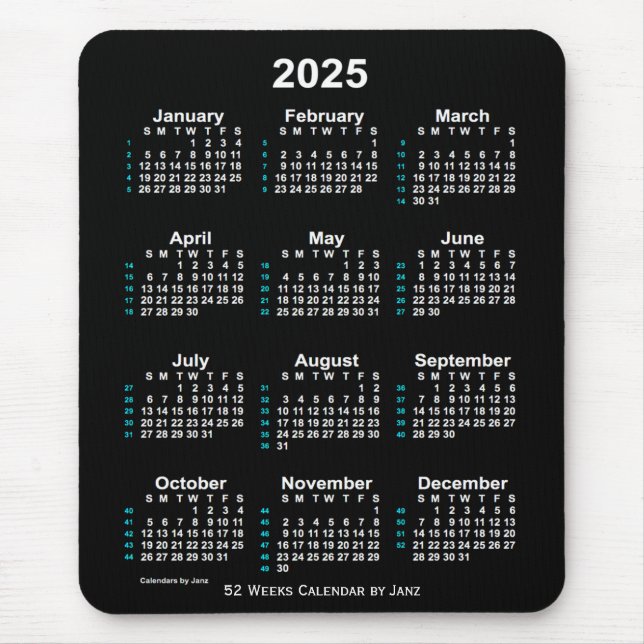 Tapis De Souris Calendrier de 52 semaines de Neon White 2025 par J (Devant)