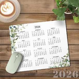 Tapis De Souris Calendrier de bureau 2026 Elegant Soft Green Eucal