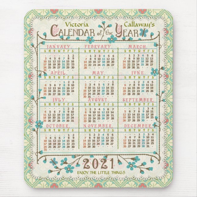 Tapis De Souris Calendrier de l'année 2021 Art Nouveau victorien | (Devant)