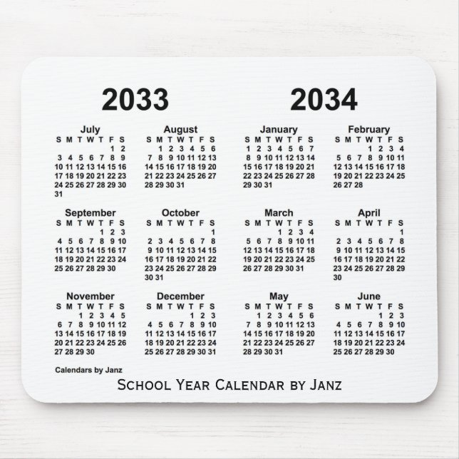 Tapis De Souris Calendrier de l'année scolaire blanche 2033-2034 p (Devant)
