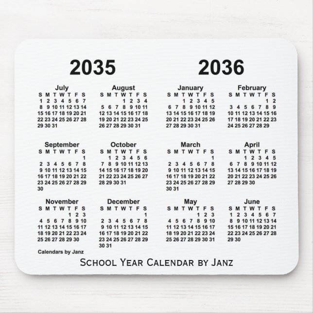 Tapis De Souris Calendrier de l'année scolaire blanche 2035-2036 p (Devant)