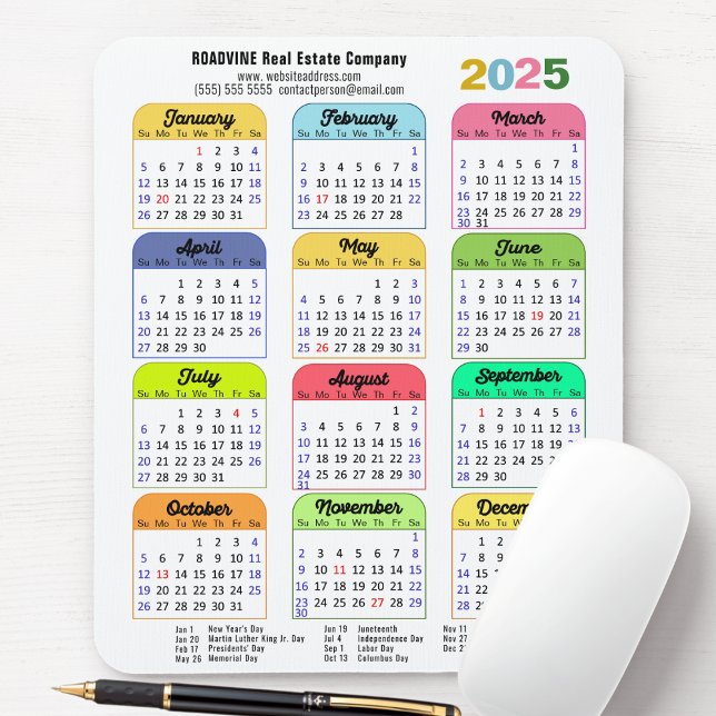 Tapis De Souris Calendrier des couleurs 2025 Jours fériés américai (Créateur téléchargé)