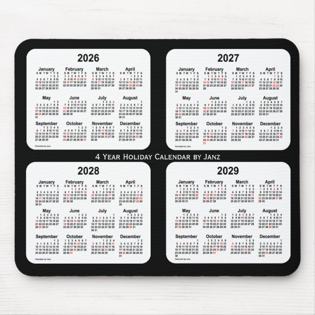 Tapis De Souris Calendrier des fêtes noires et blanches 2026-2029  (Devant)
