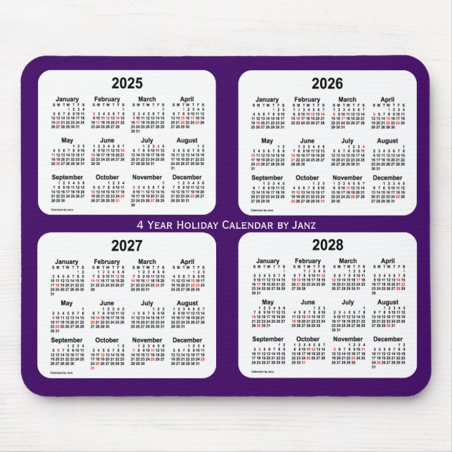 Tapis De Souris Calendrier des fêtes pourpres 2025-2028 par Janz (Devant)