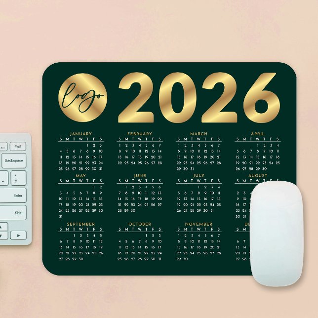 Tapis De Souris Calendrier Emerald Green & Gold Business Logo 2026 (Créateur téléchargé)