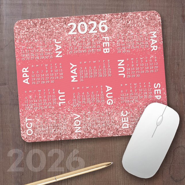 Tapis De Souris Calendrier - impression parties scintillant rose (2026 Calendar on a Mousepad)