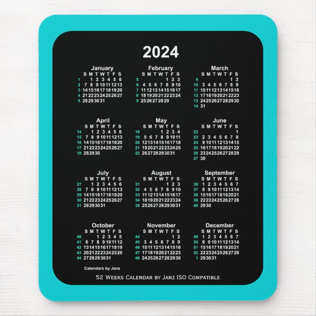 Tapis De Souris Calendrier ISO 2024 Neon 52 semaines par Janz Two  (Devant)
