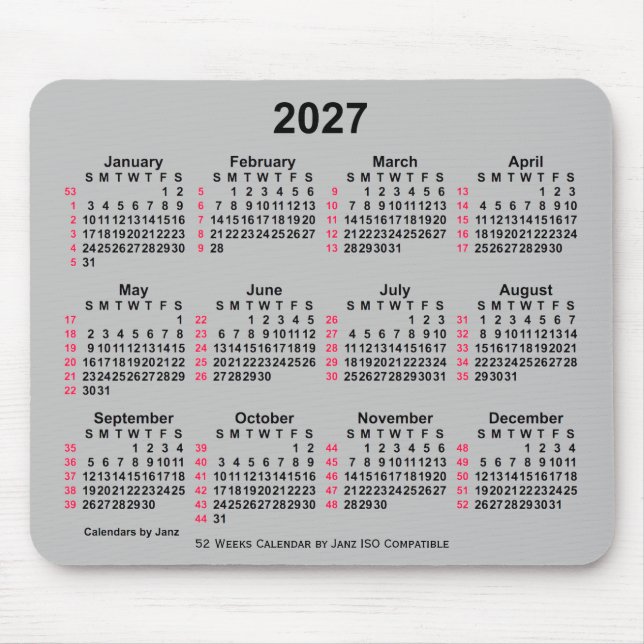 Tapis De Souris Calendrier ISO 2027 Silver 52 semaines par Janz (Devant)