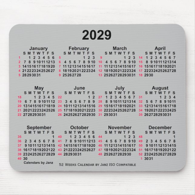Tapis De Souris Calendrier ISO 2029 Silver 52 semaines par Janz (Devant)