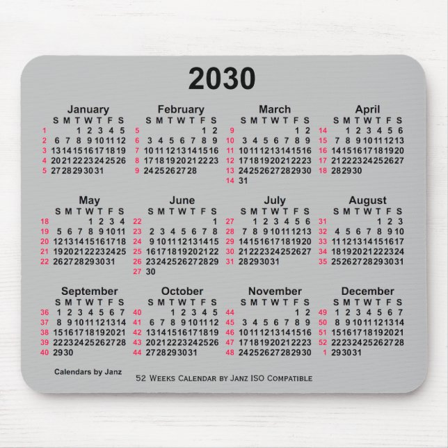 Tapis De Souris Calendrier ISO 2030 Silver 52 semaines par Janz (Devant)