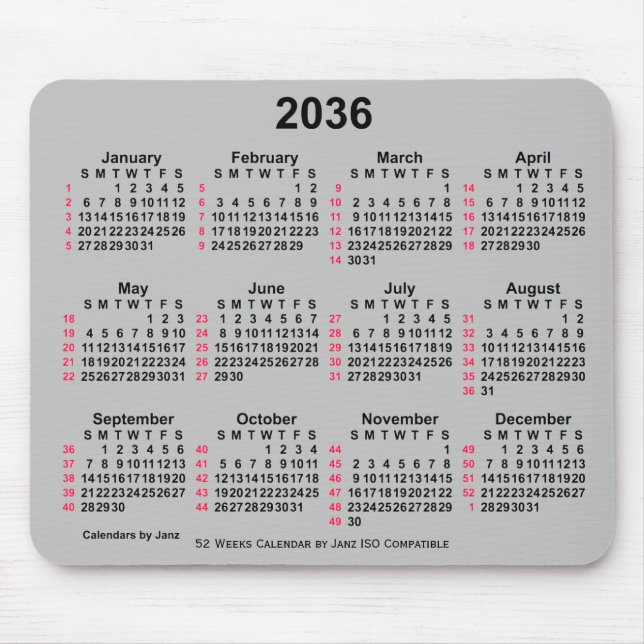 Tapis De Souris Calendrier ISO 2036 Silver 52 semaines par Janz (Devant)
