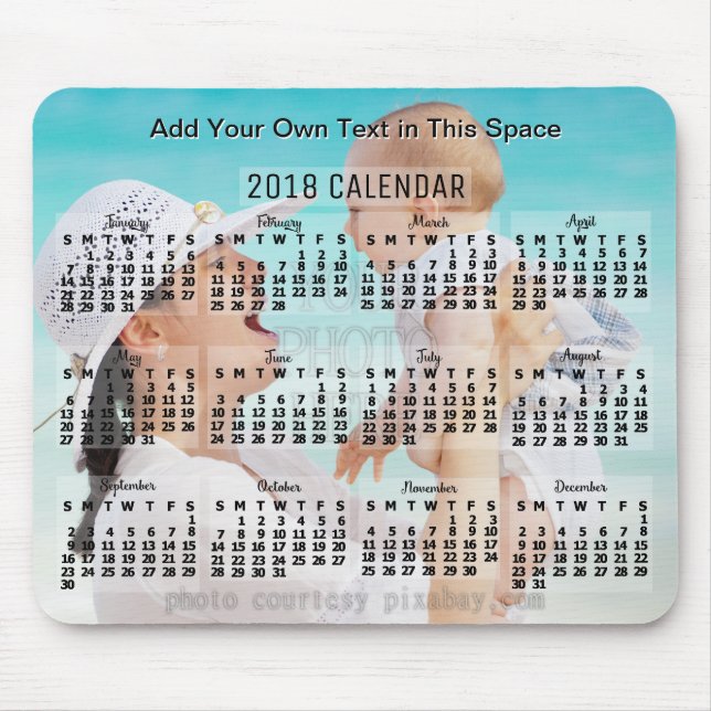 Tapis De Souris Calendrier mensuel 2018 Année Noir Ajouter un text (Devant)