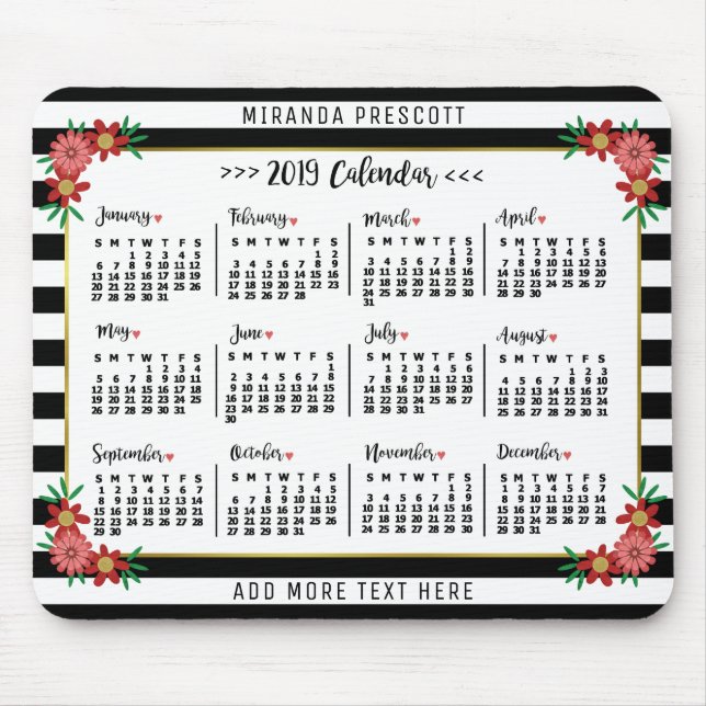 Tapis De Souris Calendrier mensuel 2019 | Préppy Floral Stripes (Devant)