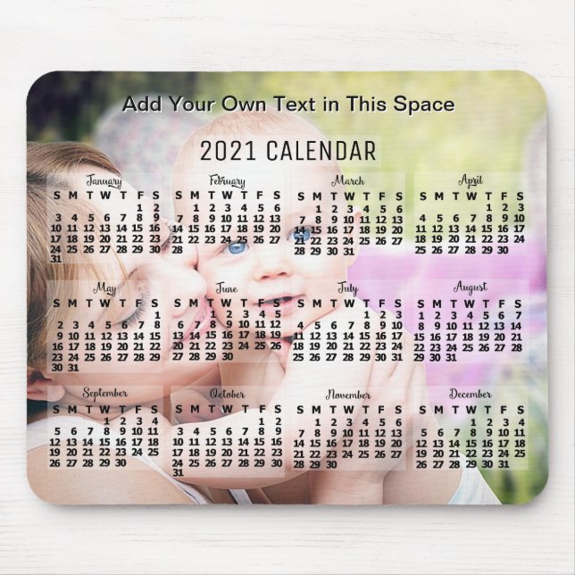 Tapis De Souris Calendrier mensuel 2021 Année Texte noir Ajouter u (Devant)