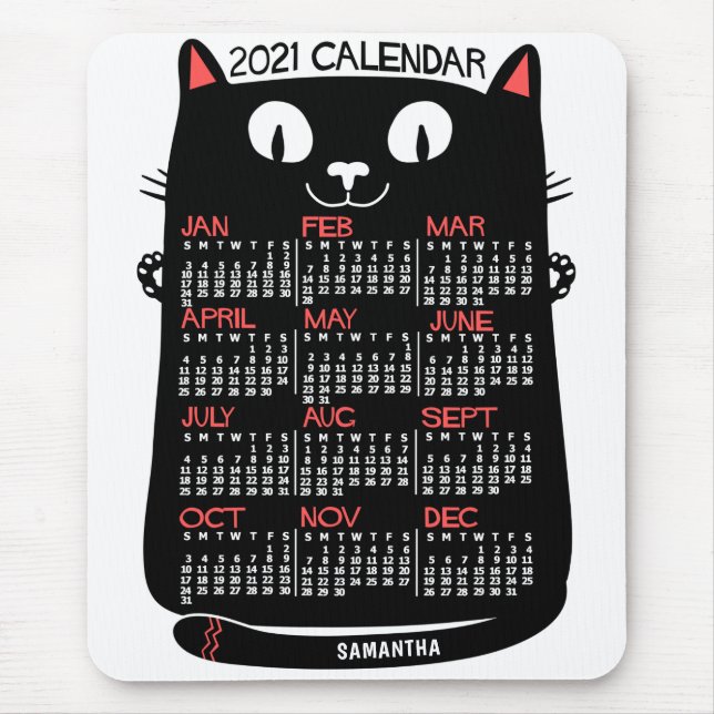Tapis De Souris Calendrier mensuel 2021 Cat noir du milieu du sièc (Devant)