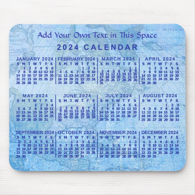Tapis De Souris Calendrier mensuel 2024 Année Personnalisé Blue An (Devant)