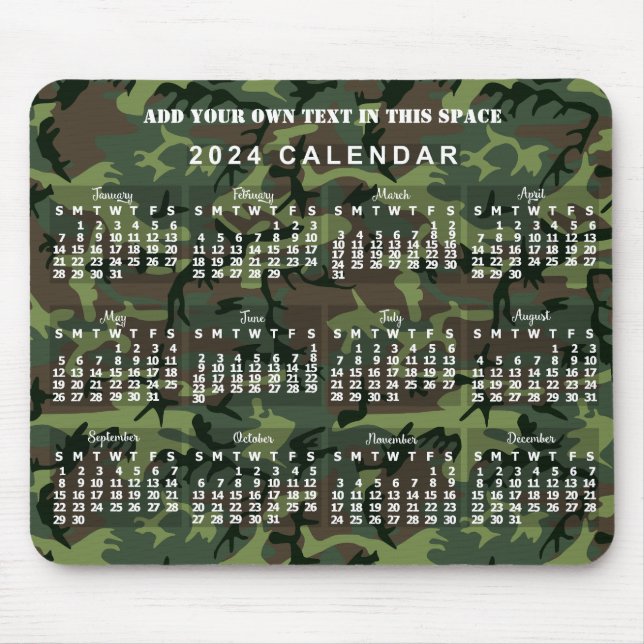 Tapis De Souris Calendrier mensuel 2024 Camouflage Camo Green (Devant)