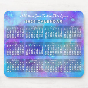 Tapis De Souris Calendrier mensuel 2024 Etoiles d'aquarelle bleue