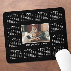 Tapis De Souris Calendrier moderne 2026 Votre nom photo en noir
