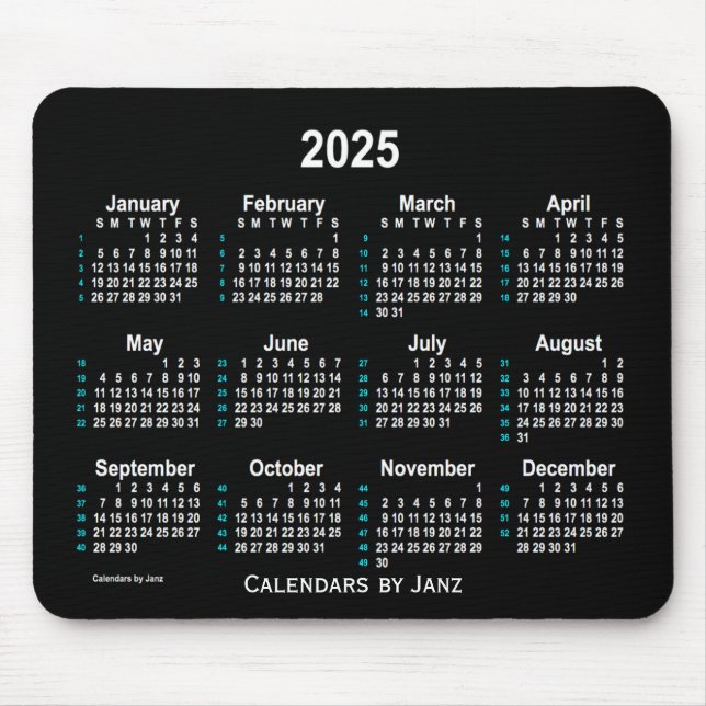 Tapis De Souris Calendrier Neon White 52 semaines 2025 par Janz (Devant)