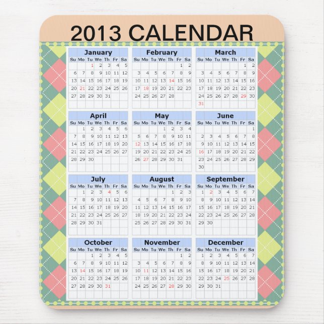 Tapis De Souris Calendrier personnalisé 2013 sur un Mousepad (Devant)