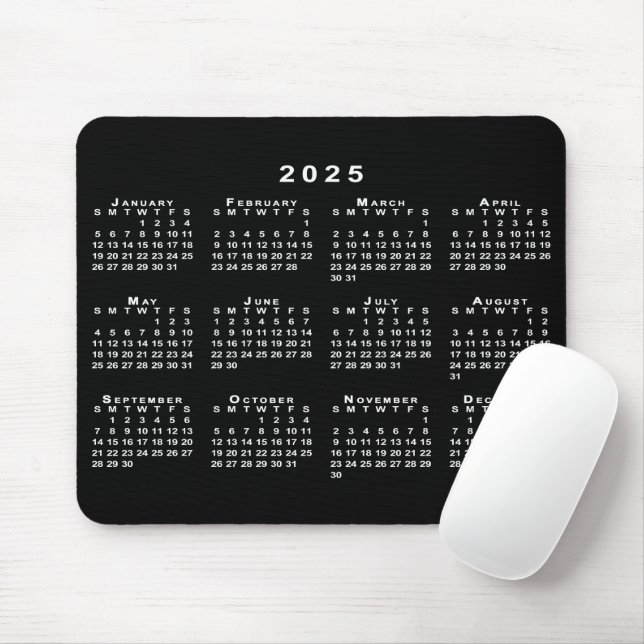 Tapis De Souris Calendrier simple noir et blanc 2025 (Avec souris)