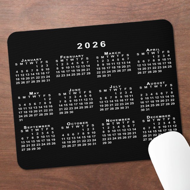 Tapis De Souris Calendrier simple noir et blanc 2026 (Simple Black and White 2026 Calendar Mouse Pad, in situ)