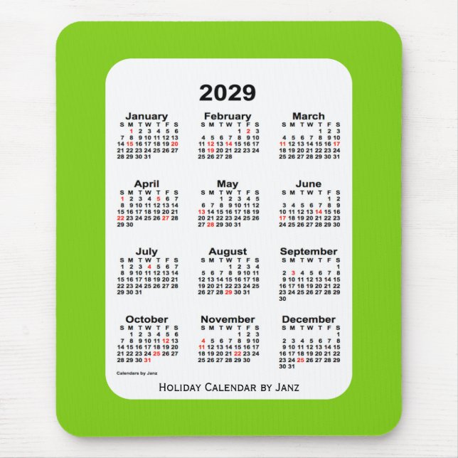 Tapis De Souris Calendrier vert Jaune de Fêtes 2029 par Janz (Devant)