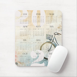 Tapis De Souris Calendrier Vintage 2026 de l'aquarelle à vélo Flor