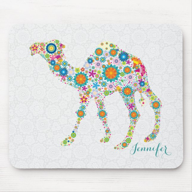 Tapis De Souris Camel floral mignon et Damas blancs (Devant)