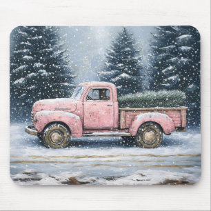 Tapis De Souris Camion Vintage rose qui monte un arbre de Noël