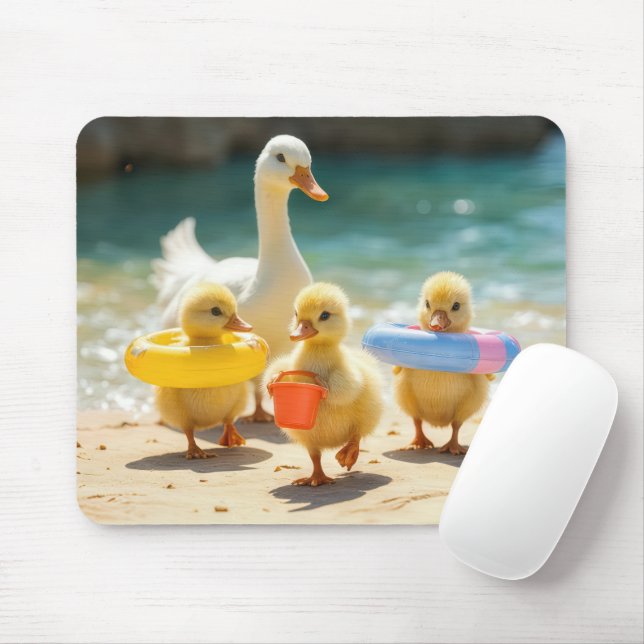 Tapis De Souris Canard blanc avec colliers sur la plage (Avec souris)
