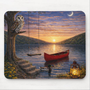 Tapis de souris Canoë Hibou du lac Sunset