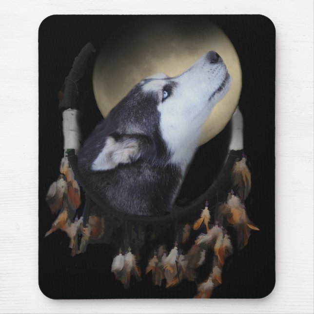 Tapis De Souris Capteur de rêve et Husky aux yeux bleus (Devant)