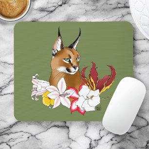 Tapis De Souris Caracal Élégant Chat Sauvage Lis Floral Vert