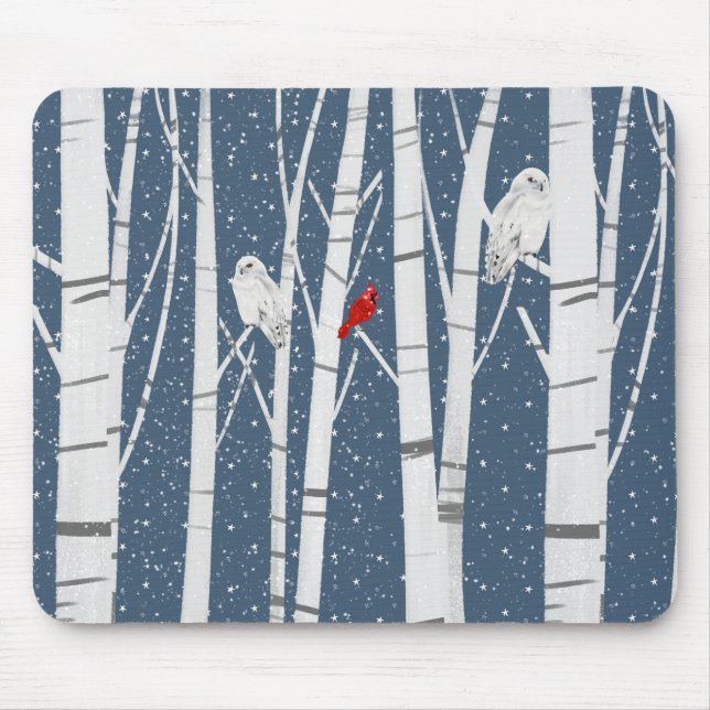Tapis De Souris Cardinal et Chouette dans les flocons de neige (Devant)