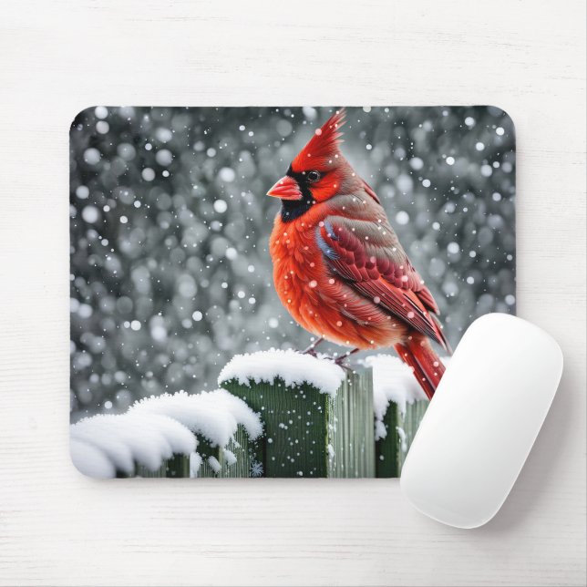 Tapis De Souris Cardinal Rouge Sur La Clôture De Neige (Avec souris)