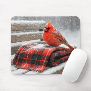 Tapis De Souris Cardinal rouge sur une couverture écossaise enneig