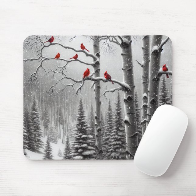 Tapis De Souris Cardinaux Rouges En Forêt D'Hiver (Avec souris)