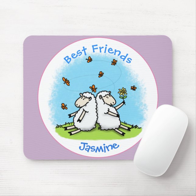 Tapis De Souris Caricature de moutons mignons amis et papillons (Avec souris)