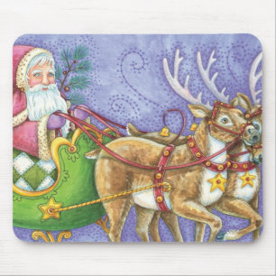 Tapis De Souris Caricature de Noël Santa Claus Sleigh Reindeer