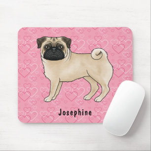Tapis De Souris Carlin Fun Chien Cute Mops Et Coeurs Rose Avec Nom