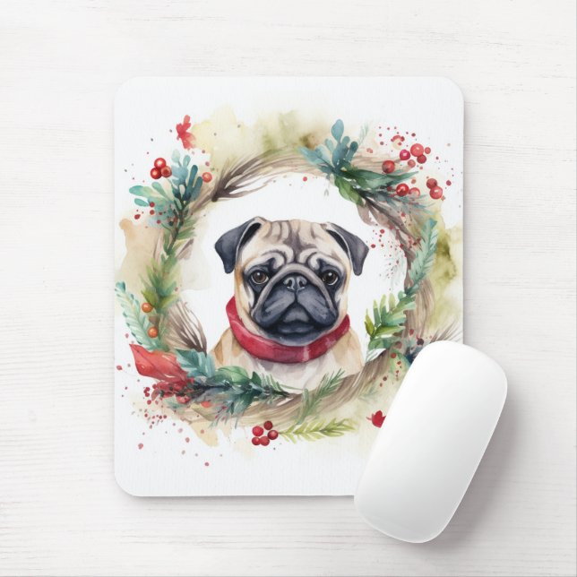 Tapis De Souris Carlin Noël Wreath Festive Pup (Avec souris)