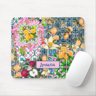 Tapis De Souris Carreaux floraux d'agrumes siciliens bleu chic