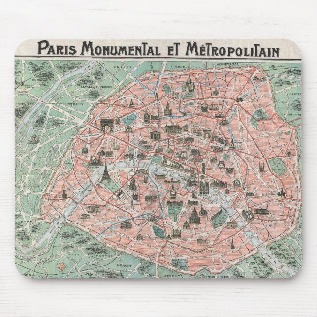 Tapis De Souris Carte 1932 d'art déco de Paris, France (Devant)