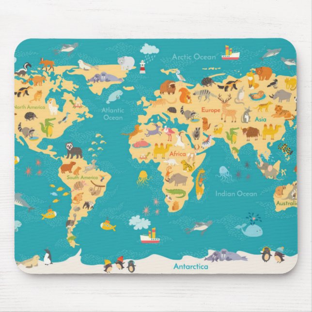 Tapis De Souris Carte animale du monde pour des enfants (Devant)