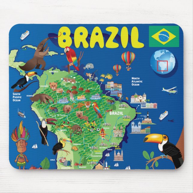 Tapis De Souris Carte de bande dessinée du Brésil (Devant)